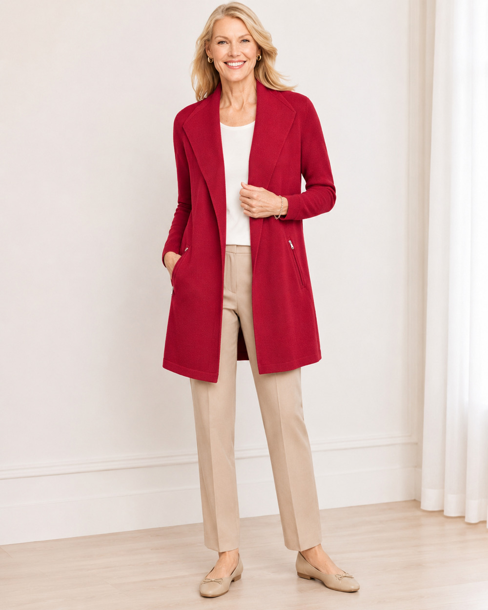 Talbots 100% Merino Wool Long Knit Open Front Cardigan Red Zip Pockets Size M